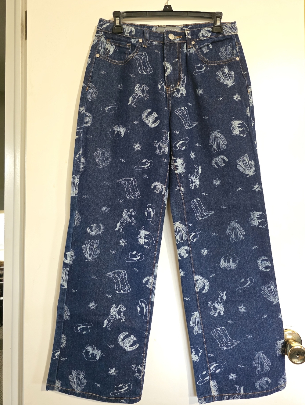 Calu 1850 Western Print Dark Blue Denim Wide Leg Jeans - Picture 6 of 17